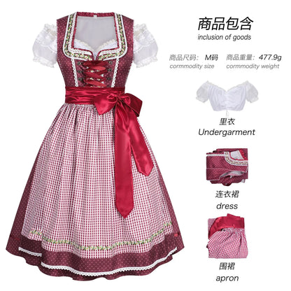 Dirndl Trachtenkleid für Damen, Weinrot mit weißer Bluse und Schürze, kariert/gepunktet