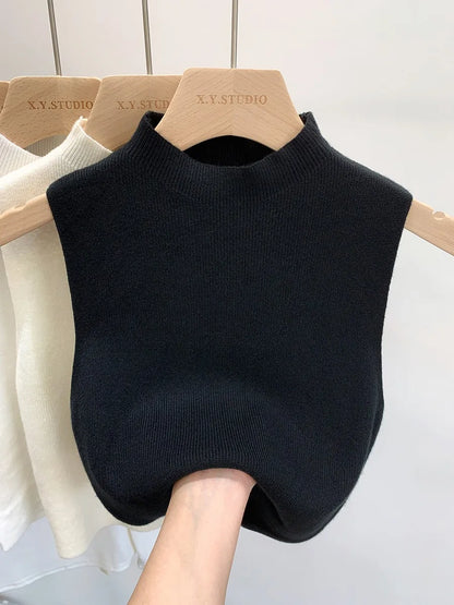 Ärmelloses Stricktop Damen Stehkragen Rippstrick Tanktop