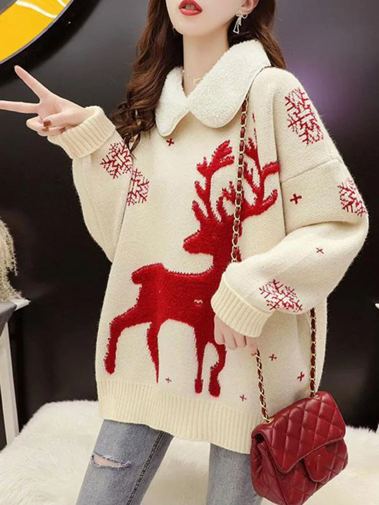 Pullover natalizio da donna con renna e fiocchi di neve, colletto con orsacchiotto, oversize, in maglia