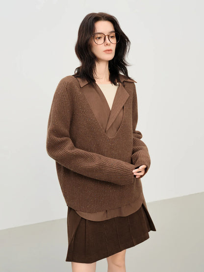 Damen Strickpullover mit tiefem V-Ausschnitt, gerippt, Langarm, meliert
