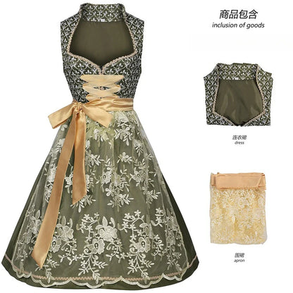 Damesdirndl in groen met kant en gouden schort