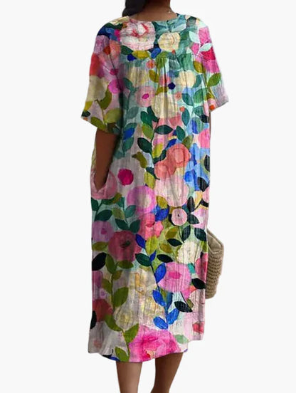 Dame sommerkjole i løs boho-stil – Fritidskjole med blomsterprint og V-udskæring, ideel til strand og hverdag