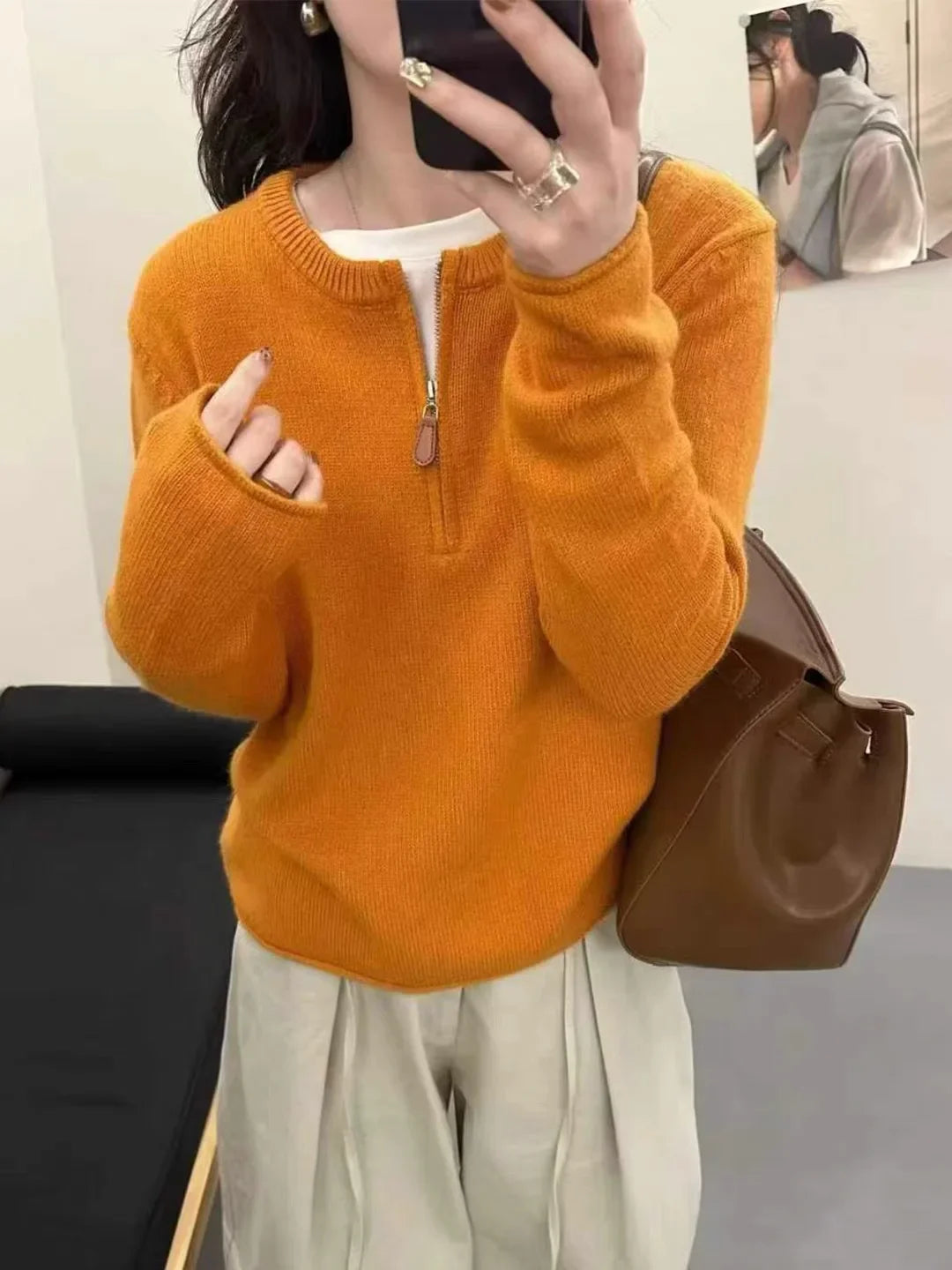Damen Strickpullover mit Reißverschluss Rundhals