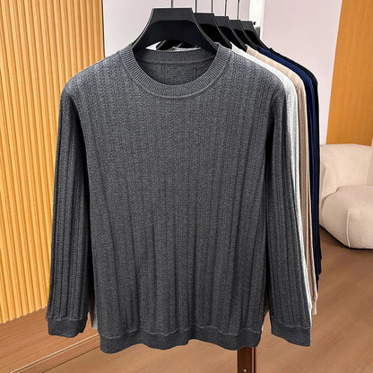 Maglione da uomo in maglia a girocollo, maniche lunghe, a coste fini strutturate, grigio