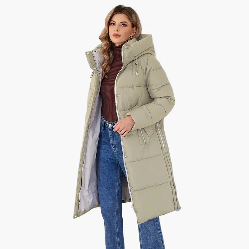 Dames winter gewatteerde mantel met capuchon – Lange, modieuze outdoor mantel voor koude dagen