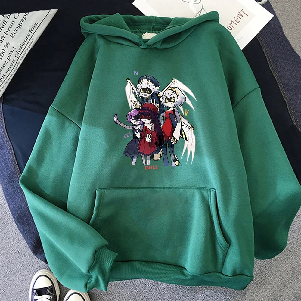Sudadera unisex con capucha, estampado de personajes y bolsillo canguro