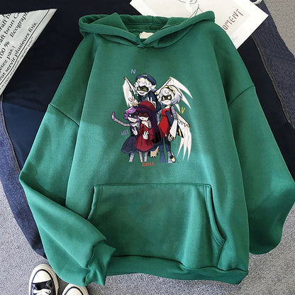Sudadera unisex con capucha, estampado de personajes y bolsillo canguro