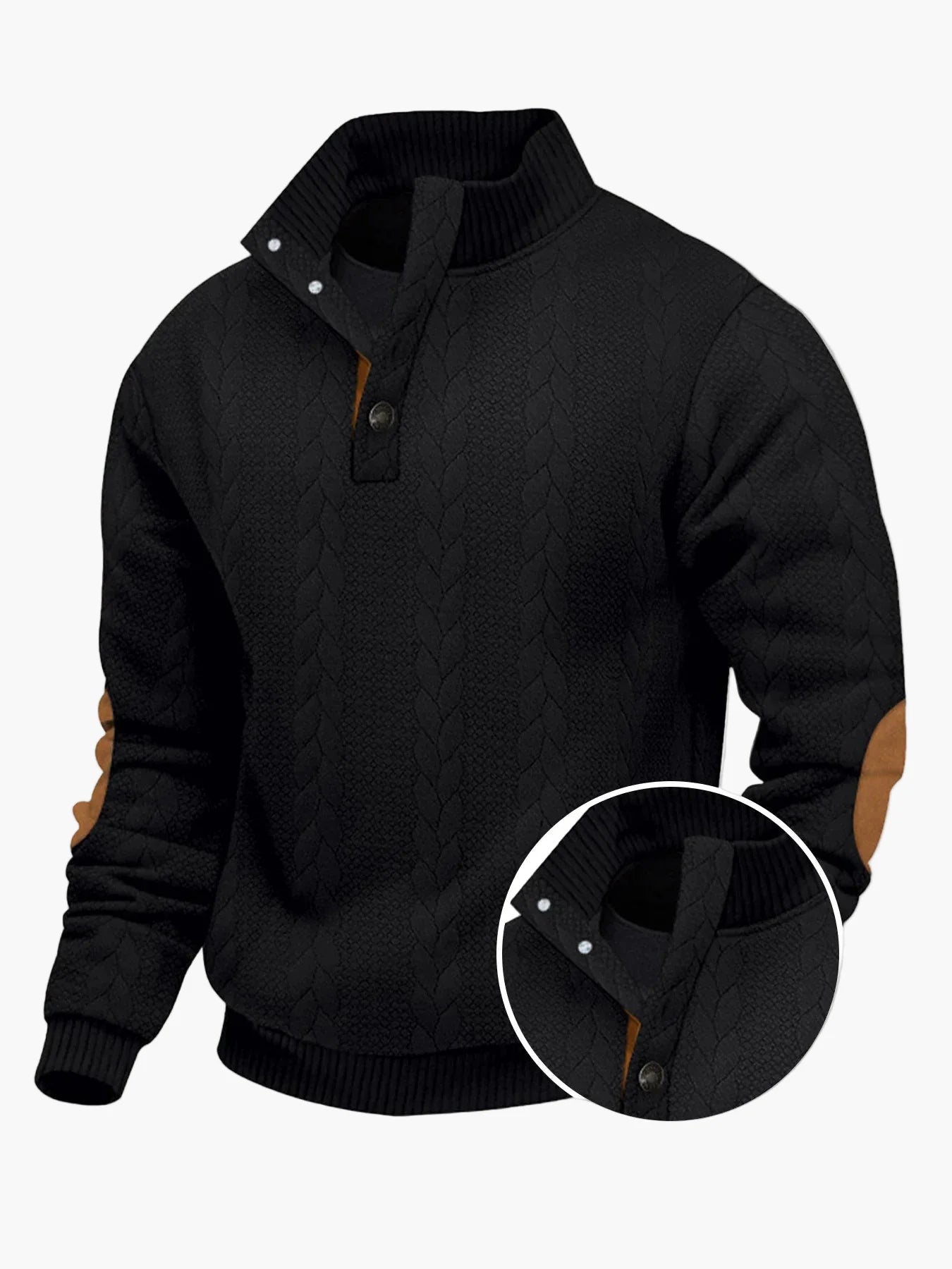 Męski sweter z dzianiny ze stójką, modnym warkoczowym wzorem i łatami na łokciach – Swobodny sweter outdoor na co dzień i czas wolny