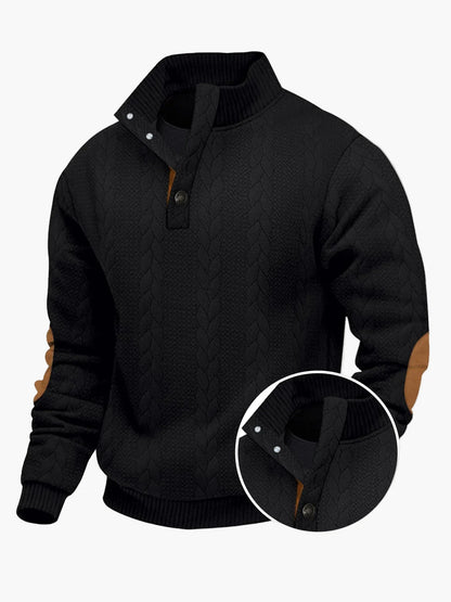 Męski sweter z dzianiny ze stójką, modnym warkoczowym wzorem i łatami na łokciach – Swobodny sweter outdoor na co dzień i czas wolny