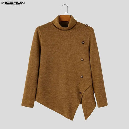Herren Rollkragenpullover Asymmetrischer Strickpullover mit Knöpfen