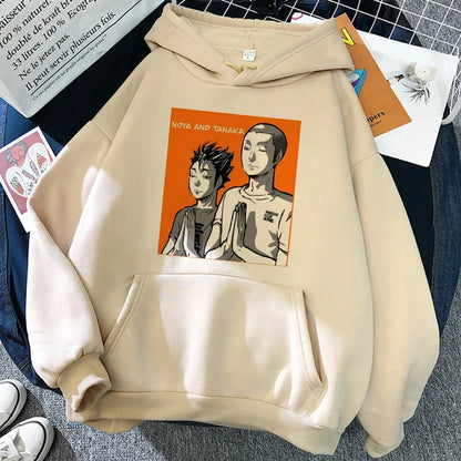Felpa unisex con cappuccio e stampa anime - beige chiaro "Karasuno Volleyball Club"