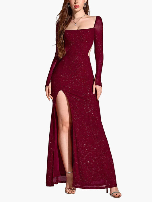 Vestido de noche para mujer con abertura y brillo – Vestido maxi elegante para ocasiones festivas