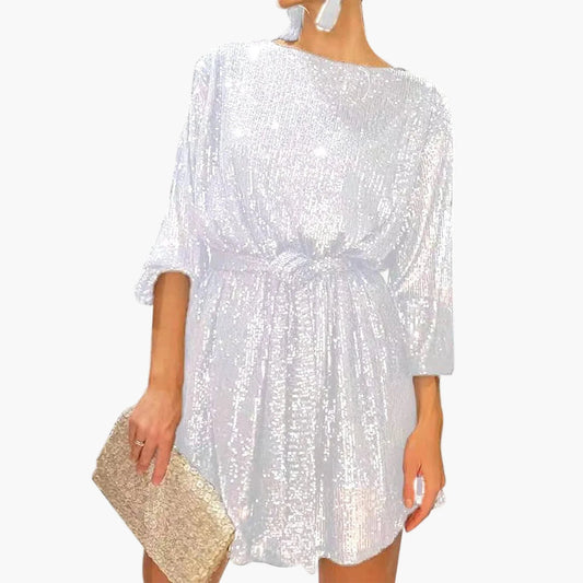 Abito da festa da donna con paillettes, taglio morbido, lunghezza al ginocchio, festoso e glamour