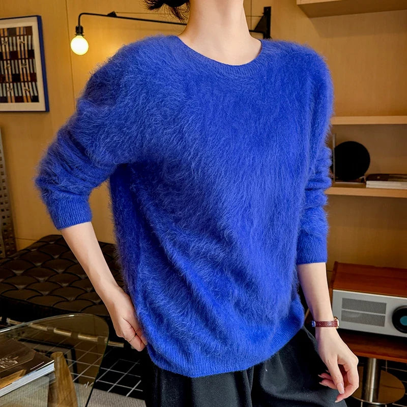 Damen Flauschiger Pullover Rundhalsausschnitt Langarm