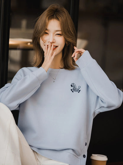 Sweat-shirt pour femme à col rond, broderie zèbre et boutons latéraux