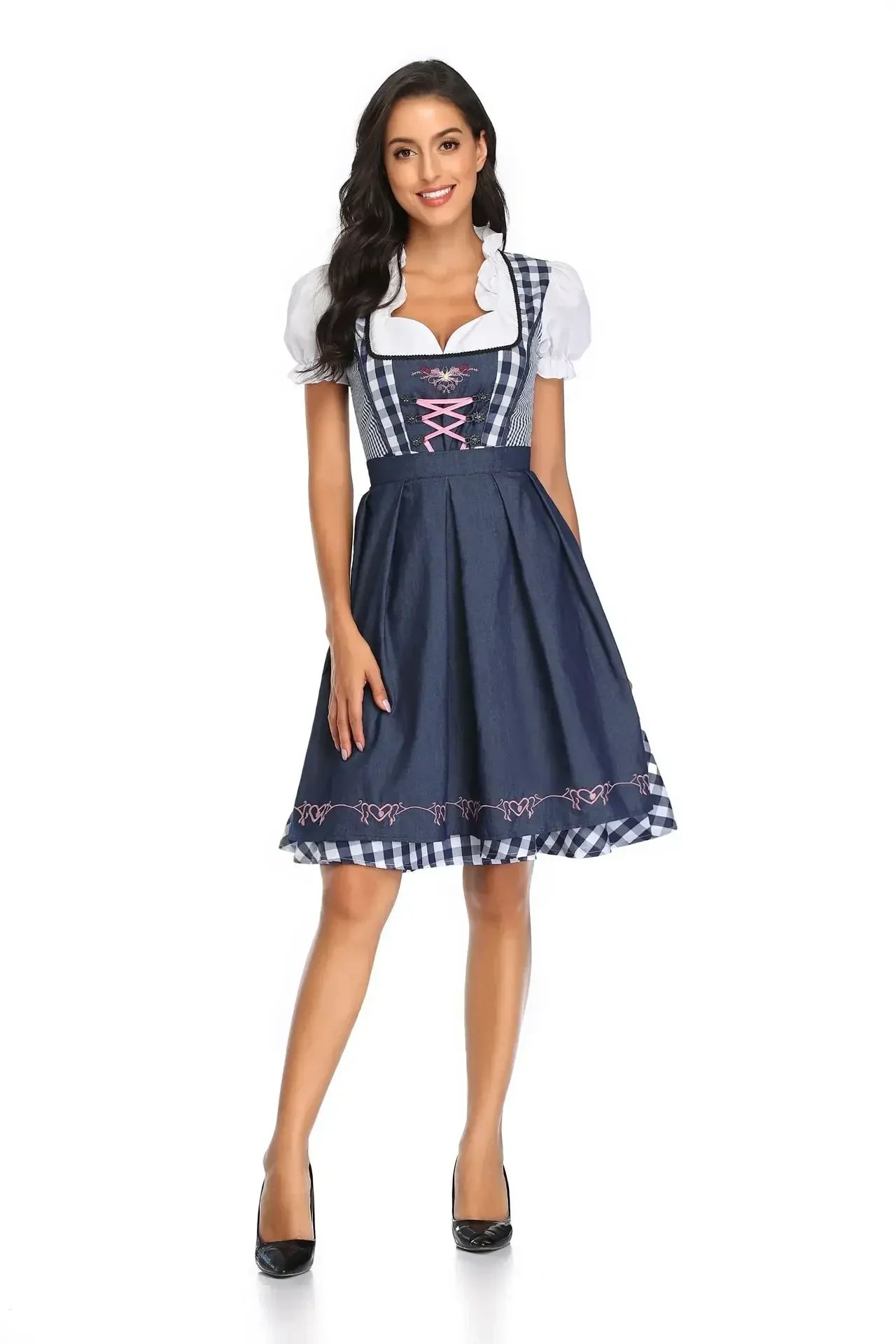 Damen Dirndl Trachtenkleid mit Schürze und Bluse Kariert Spitzenverzierung
