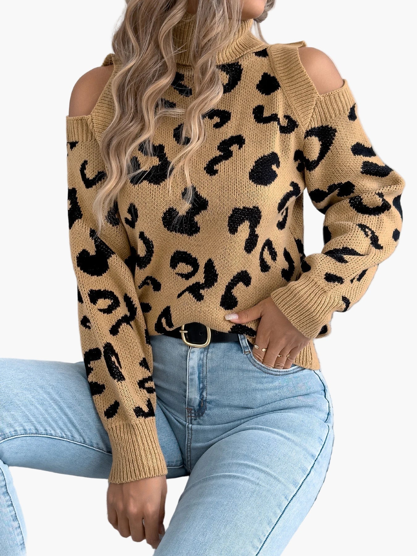 Dames Trui met cut-out schouders en luipaardprint – Trendy vrijetijdsgebreide trui