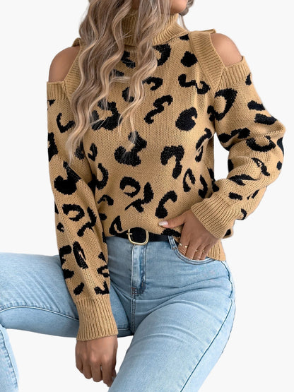 Dames Trui met cut-out schouders en luipaardprint – Trendy vrijetijdsgebreide trui