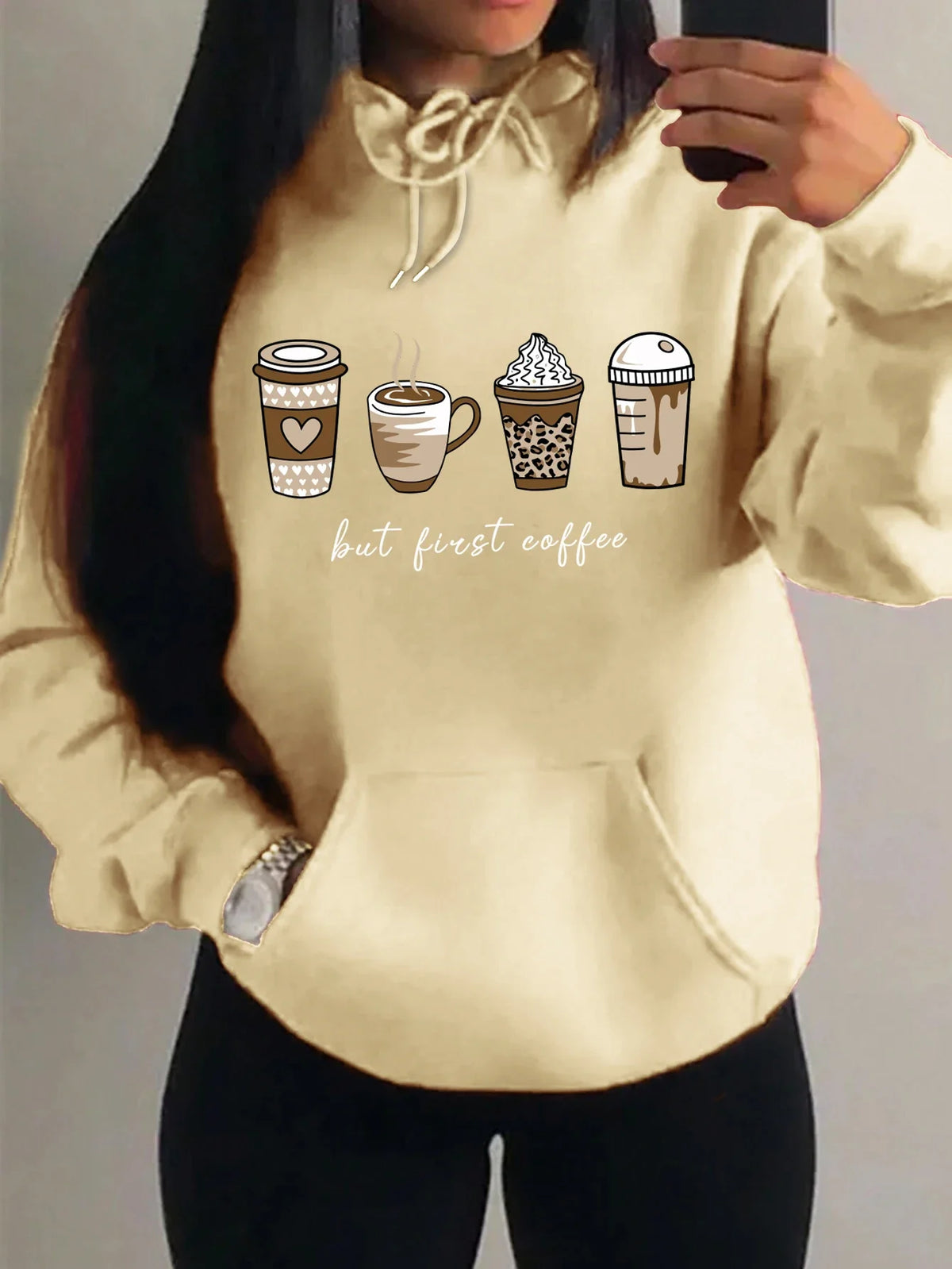 Damen Hoodie mit Kaffeebecher-Print "but first coffee" und Kängurutasche
