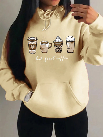 Damen Hoodie mit Kaffeebecher-Print "but first coffee" und Kängurutasche