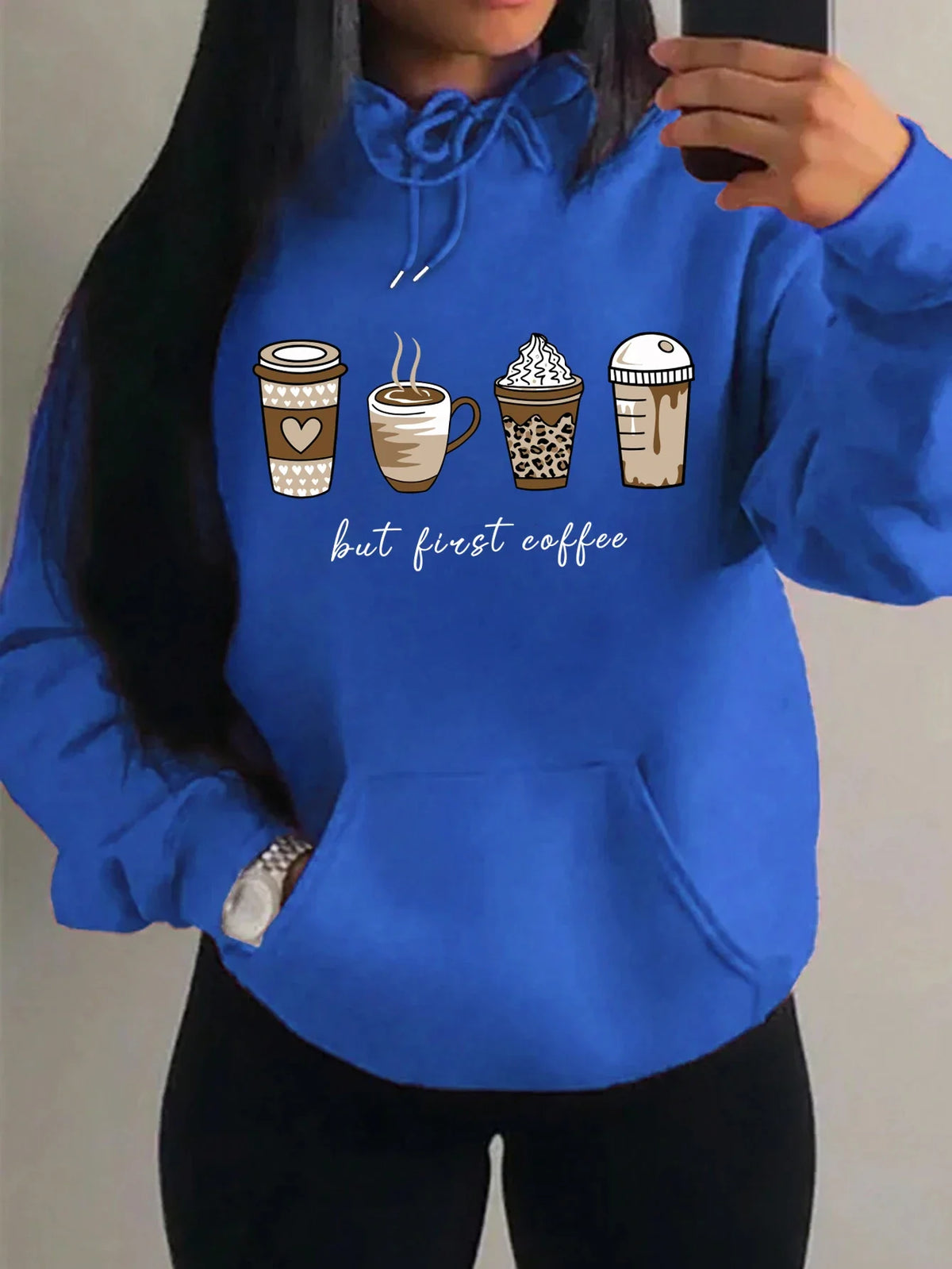 Damen Hoodie mit Kaffeebecher-Print "but first coffee" und Kängurutasche