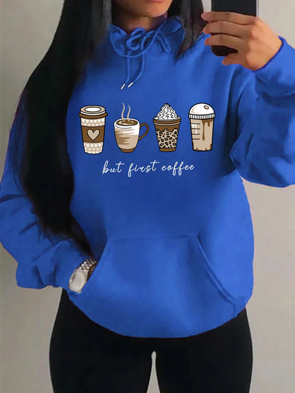Damen Hoodie mit Kaffeebecher-Print "but first coffee" und Kängurutasche