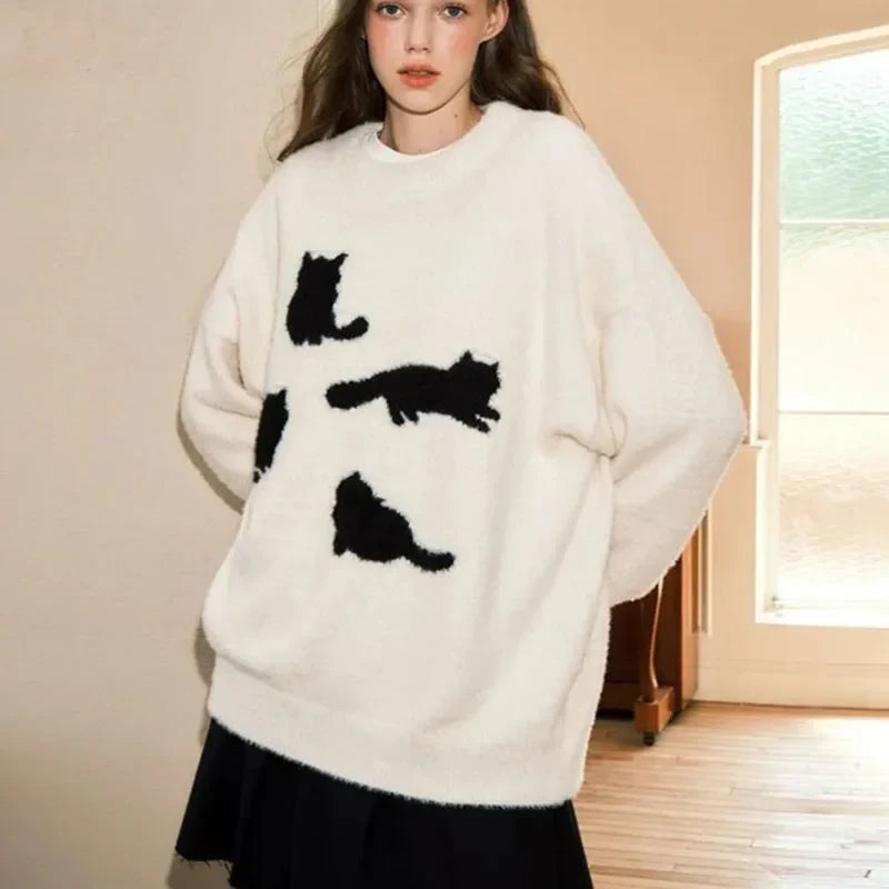 Unisex Pullover mit Katzen-Motiv, Rundhals, flauschig