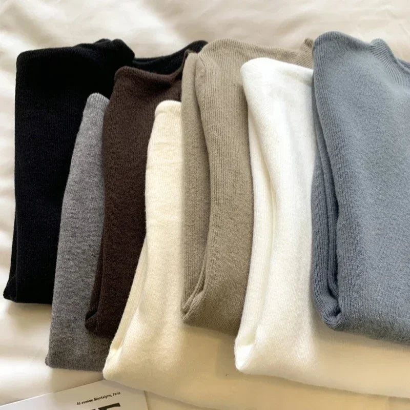 Damen Strickpullover Halbkragen Langarm Basic Feinstrick Top