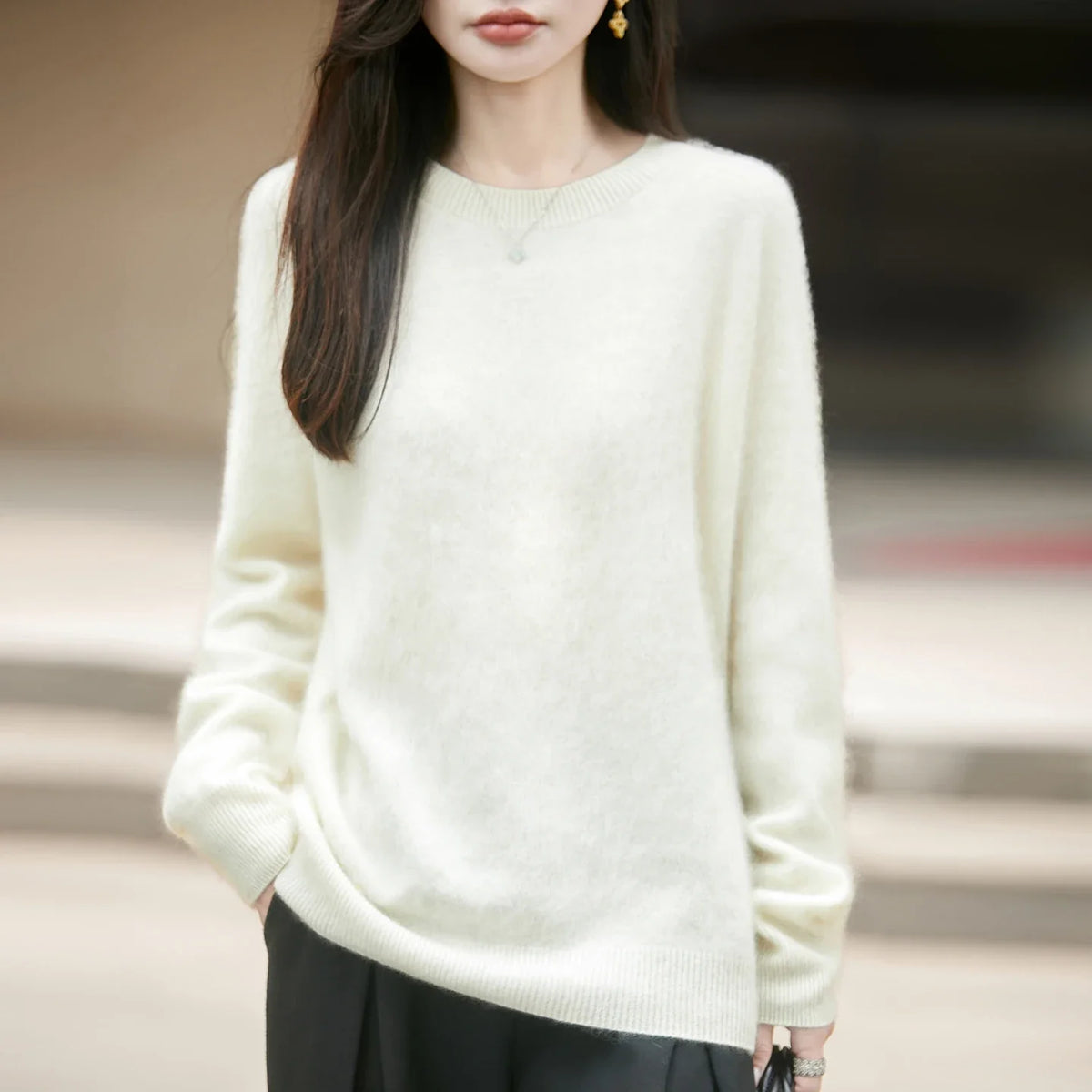 Pullover da donna in maglia, a girocollo, a maniche lunghe, morbido