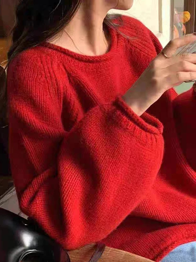 Pullover oversize da donna in maglia, a girocollo, a maniche lunghe