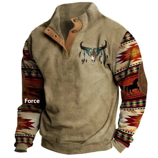 Herren Vintage Western Pullover mit Ethno-Muster und Stehkragen – Freizeitmode für Herbst und Winter