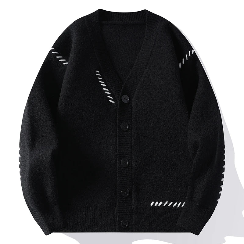 Unisex-strikcardigan med V-hals, knaplukning og dekorativt broderi