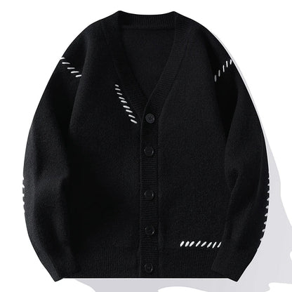 Unisex-strikcardigan med V-hals, knaplukning og dekorativt broderi
