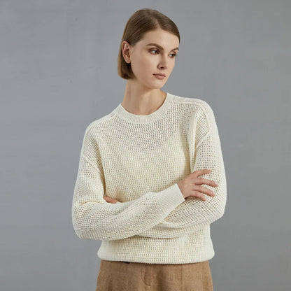 Damen Strickpullover mit Rundhalsausschnitt und Waffelstruktur