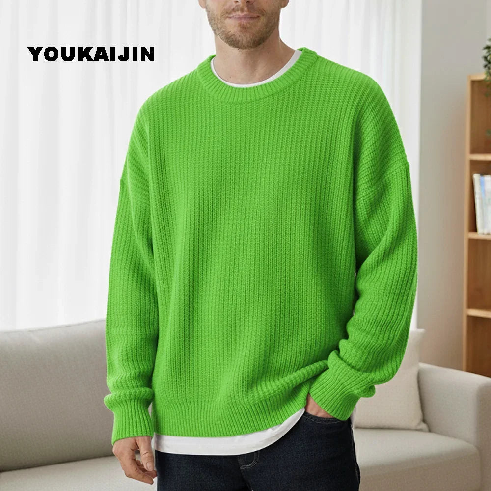 Pullover da uomo in maglia, girocollo, maglia grossa, tinta unita