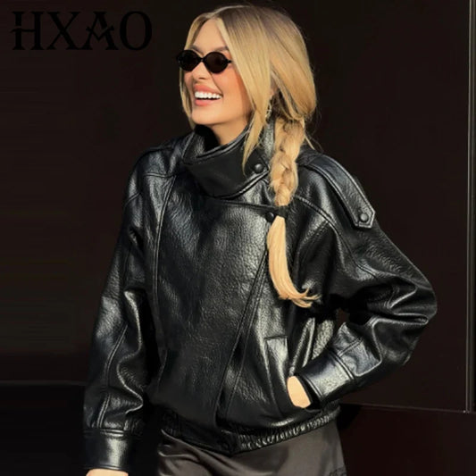 Blouson biker pour femme en similicuir avec col montant et poignets côtelés, noir