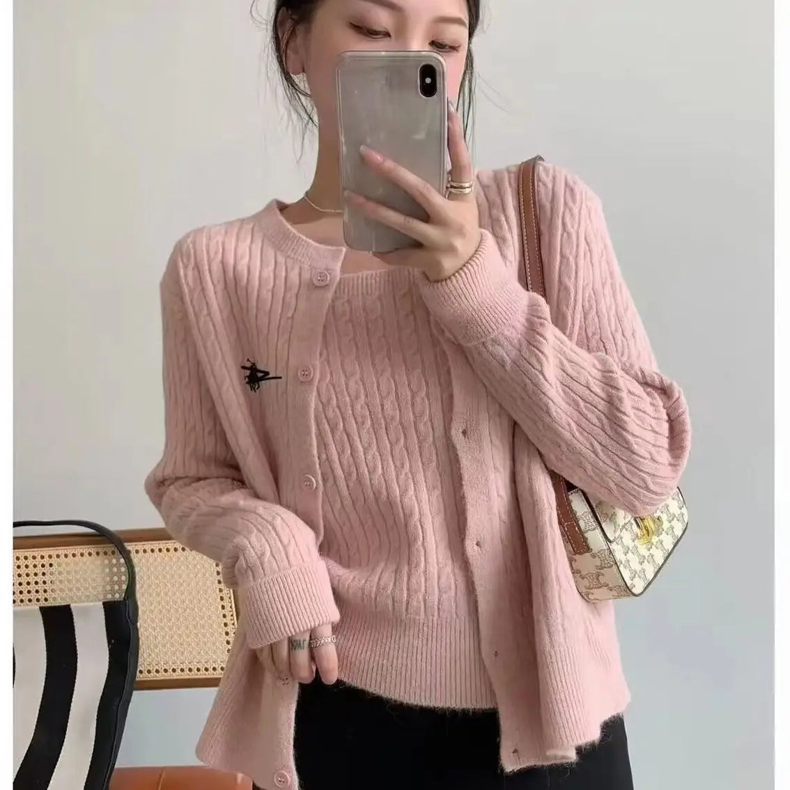 Damen Strick Cardigan & Top Set Zopfmuster Rundhals