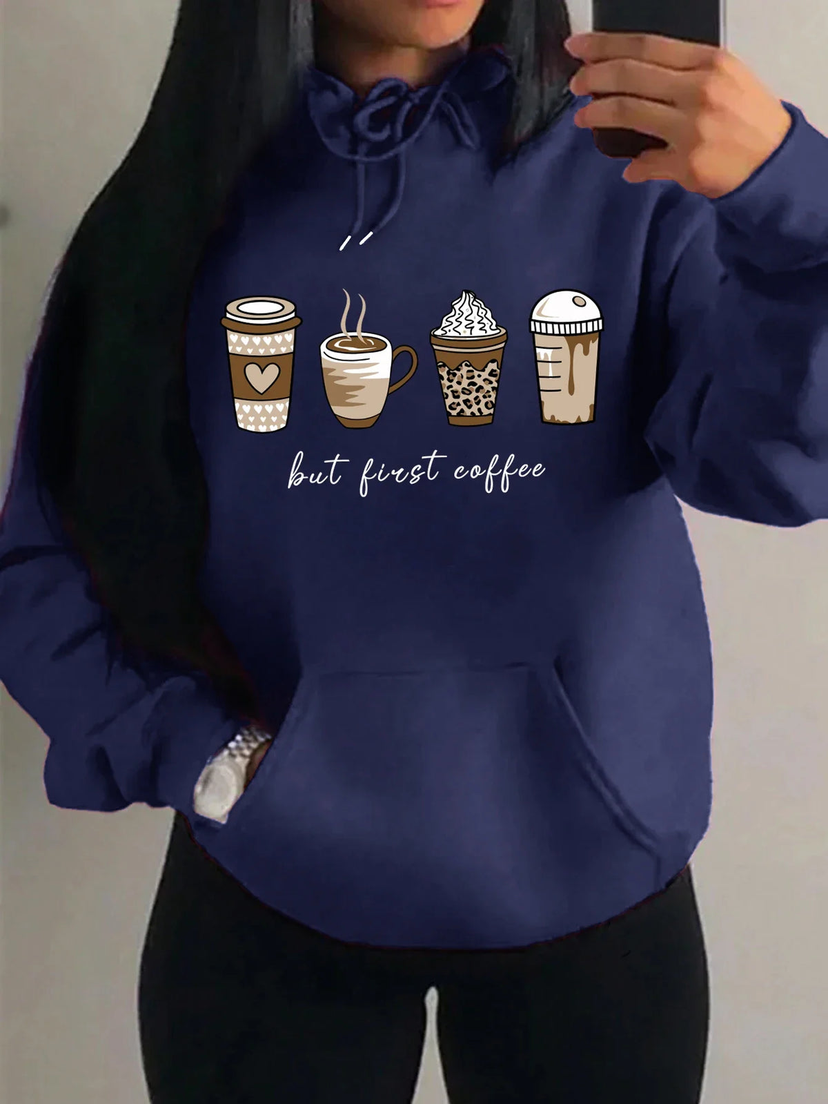 Damen Hoodie mit Kaffeebecher-Print "but first coffee" und Kängurutasche