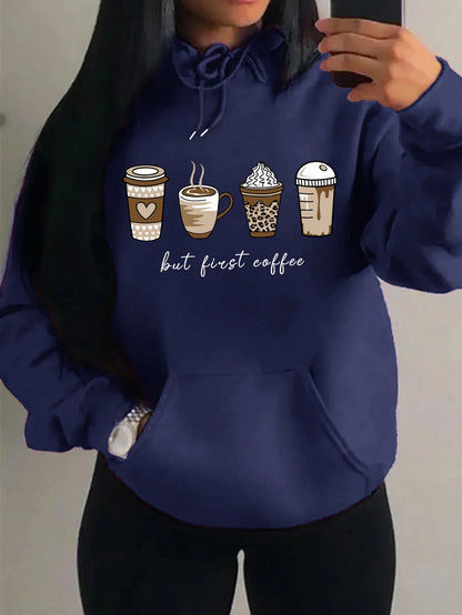 Damen Hoodie mit Kaffeebecher-Print "but first coffee" und Kängurutasche
