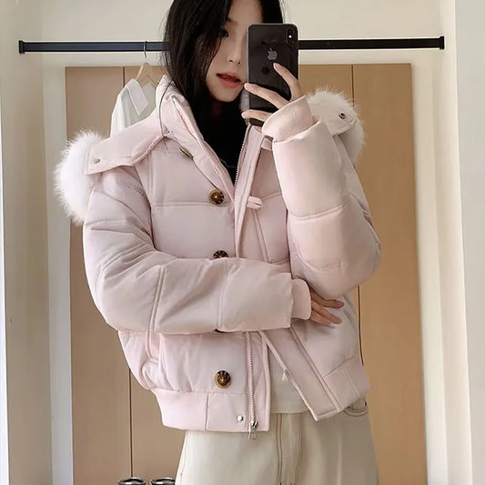 Damen Steppjacke kurz mit Kapuze und Fellimitat Rosa