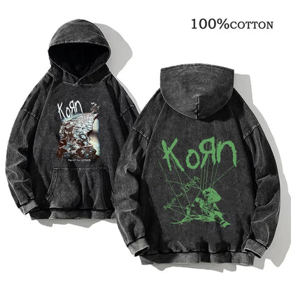 Unisex Kapuzenpullover Grau mit Band-Print & Kängurutasche