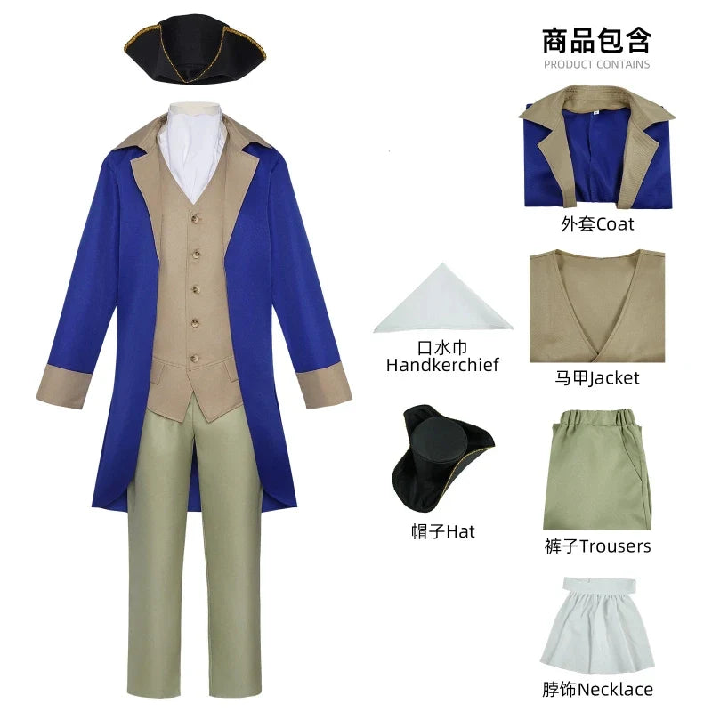 Herren Historisches Kostüm Set Blau Beige Mantel Weste Hose Hut