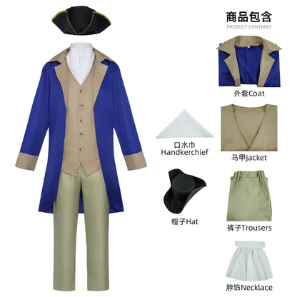 Herren Historisches Kostüm Set Blau Beige Mantel Weste Hose Hut