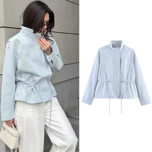 Damen Jacke Stehkragen Kurz Tunnelzug Taille - Freizeit Übergangsjacke