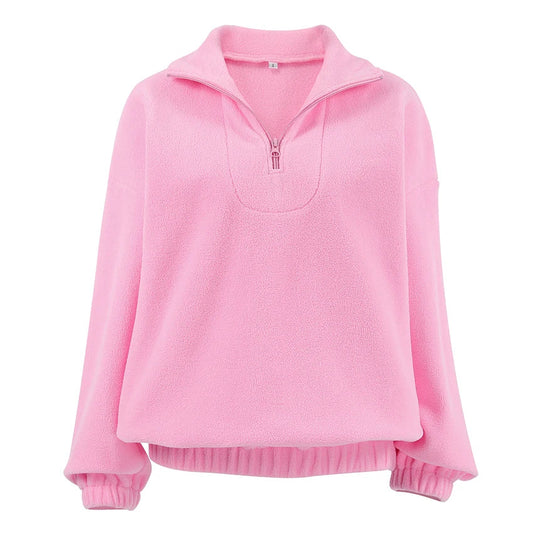 Rosa Fleece Pullover Damen mit Stehkragen und Reißverschluss