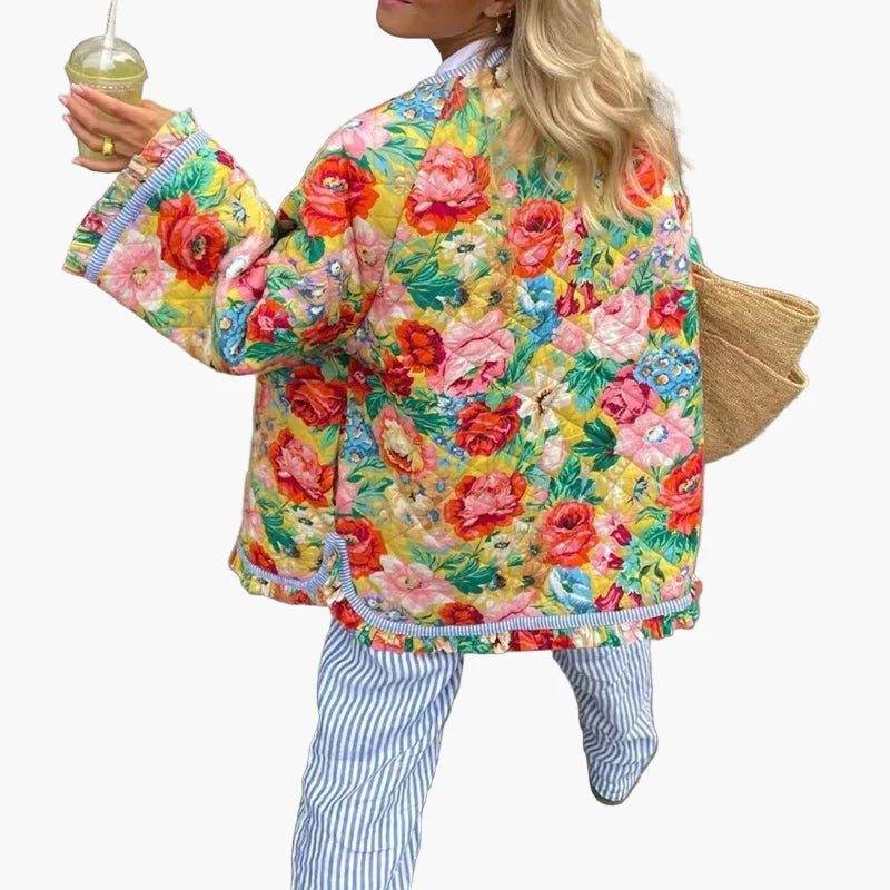 Damen Boho Steppjacke mit Blumenmuster – Lässiger Vintage Style, Frühlings- und Sommer-Outfit