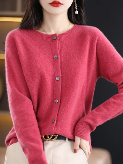 Damen Strickjacke mit Rundhalsausschnitt, Knopfleiste und langen Ärmeln, meliert grau