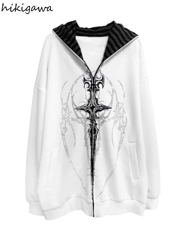 Giacca con cappuccio unisex con cerniera, oversize, stampa gotica