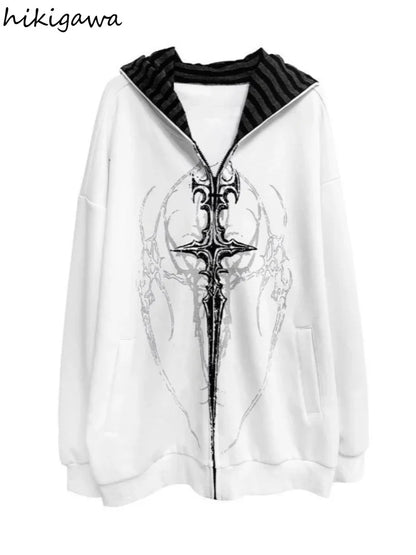 Giacca con cappuccio unisex con cerniera, oversize, stampa gotica