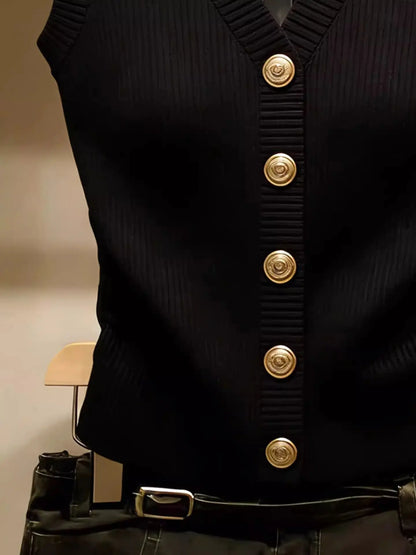 Gilet da donna in maglia nero con scollo a V e bottoni dorati